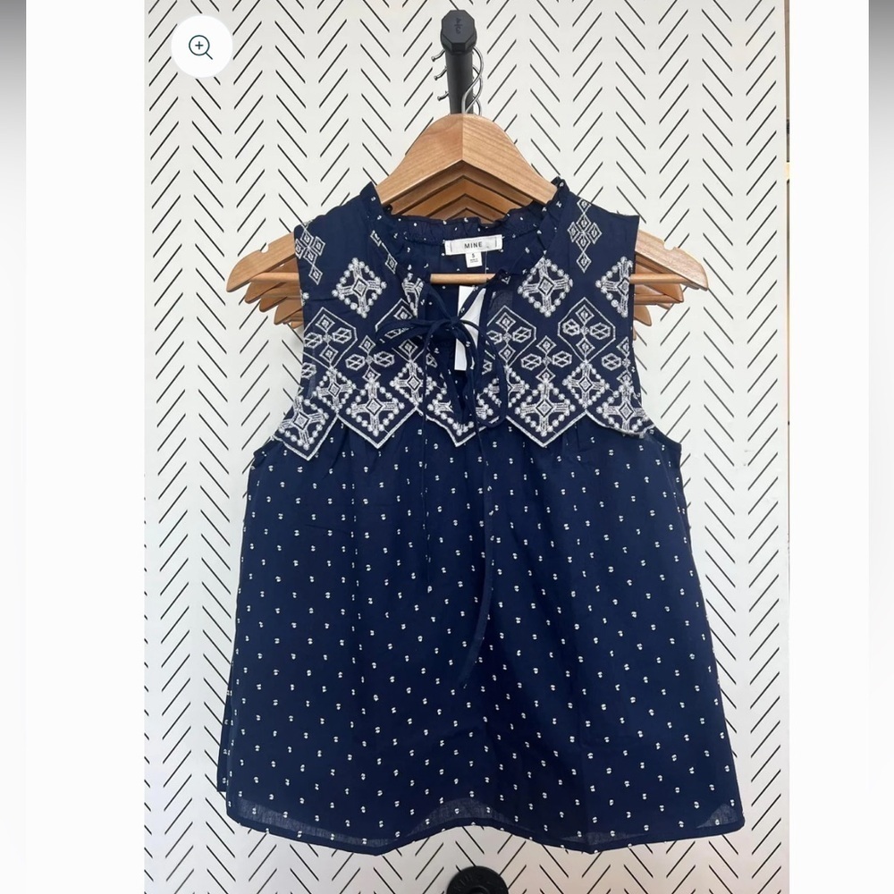 NIB MINE navy and white swiss dot embroidered tank top 100% cotton ruffle neck S